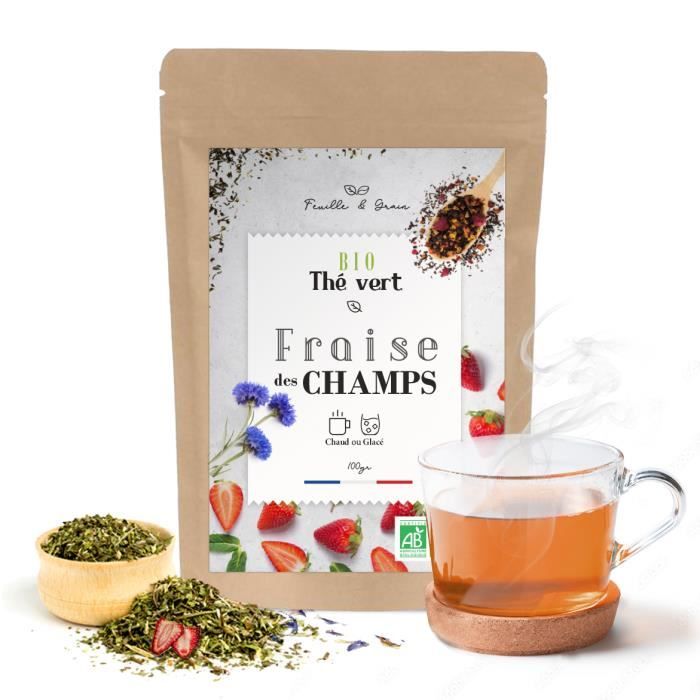 Fraise des Champs - Thé Vert Aromatisé Bio -Fruits Mélangés -Feuilles en Vrac -Plante Naturelle pour Infusion de qualité -Poids 100g