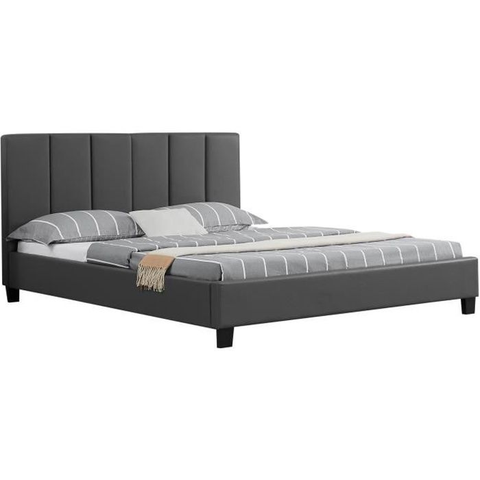 Lit double pour adulte ROXY queen size 160x200 cm 2 places / 2 personnes, avec sommier et tête de lit, en synthétique gris