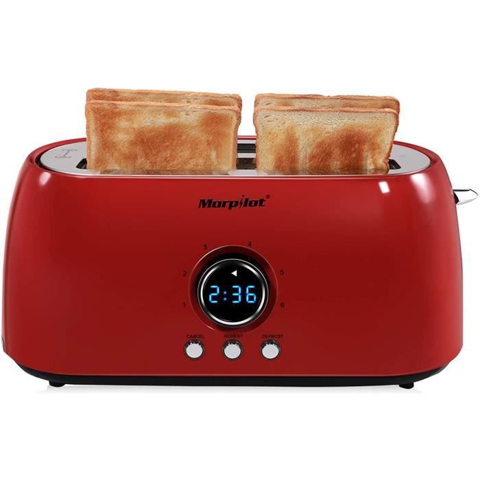 Grille-Pain Automatique 4 Fentes Extra Larges, Morpilot Grille Pain Inox Rouge - Toaster Pain avec Décongeler Réchauffer et Annuler
