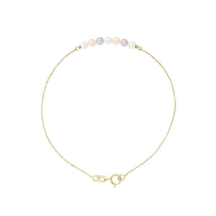 PERLINEA - Bracelet 7 Véritables Perles de Culture d'Eau Douce Rondes 3-4 mm Multicolore - Or Jaune - Bijoux Femme