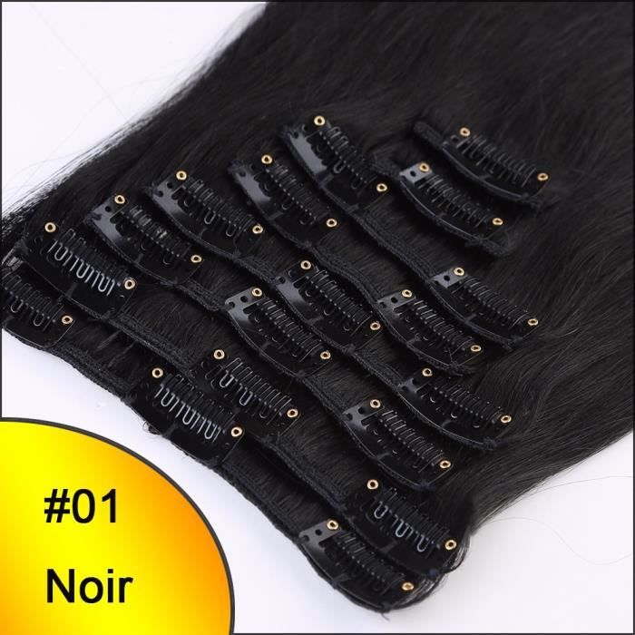 Extensions à Clips en Cheveux Naturels - REMY HAIR - 8Pcs-18Clips(50cm = 70g) - #01 Noir