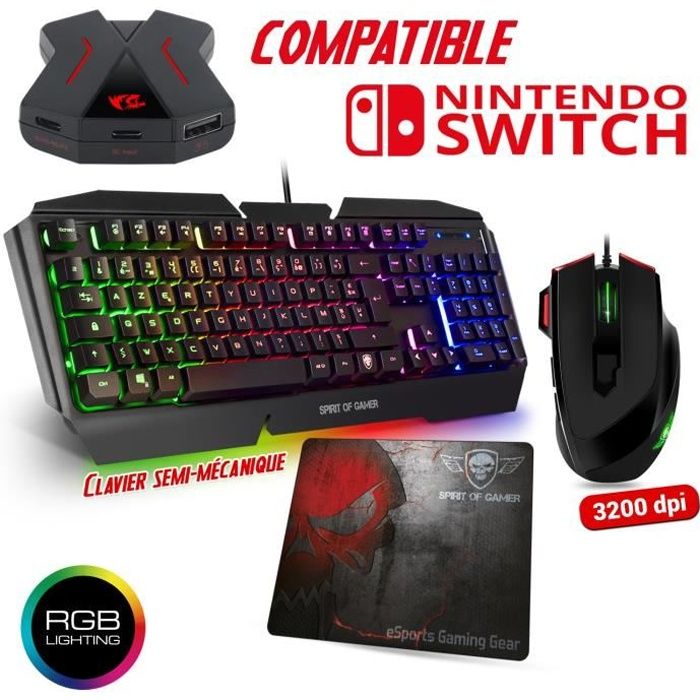 Pack Clavier semi mécanique Pro-K5, souris RGB et tapis PRO pour console Switch - Convertisseur inclus