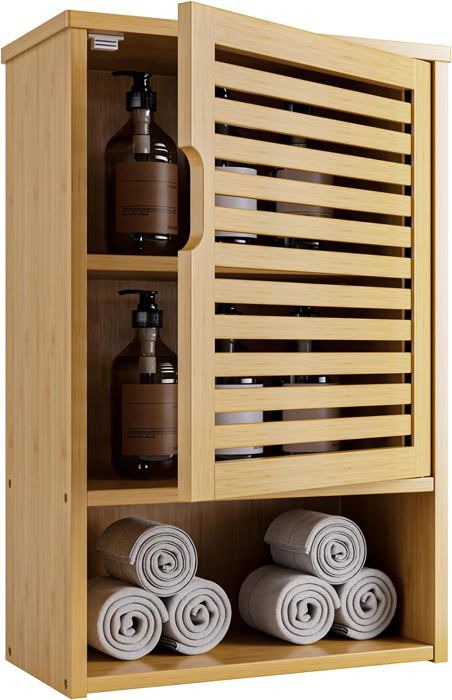 armoire murale de salle de bain, armoire à pharmacie en bambou avec porte simple et étagère réglable, rangement suspendu.[z87]