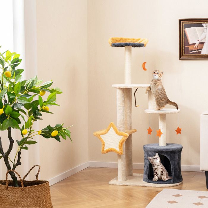 Meilleurs prix pour COSTWAY Arbre à Chat Mignon 128 CM, Tour à Chats Multi-niveaux avec Poteaux à Griffer en Sisal, Condo, Perchoir, Jouets Suspendus