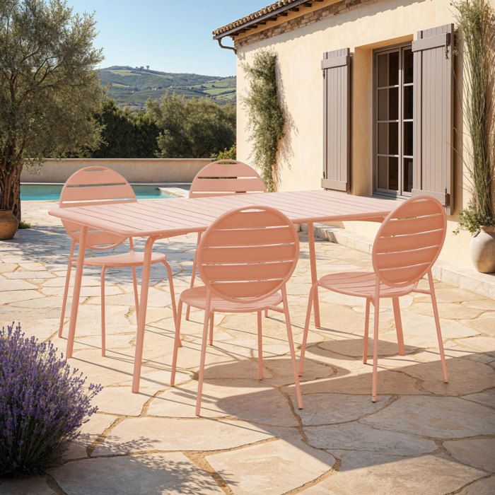 Ensemble table de jardin + 4 chaises rondes en métal terracotta - BACA