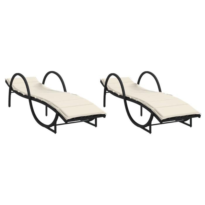 MGH - NEUF Chaises longues lot de 2 - Bain de soleil avec coussins - noir résine tressée CC304