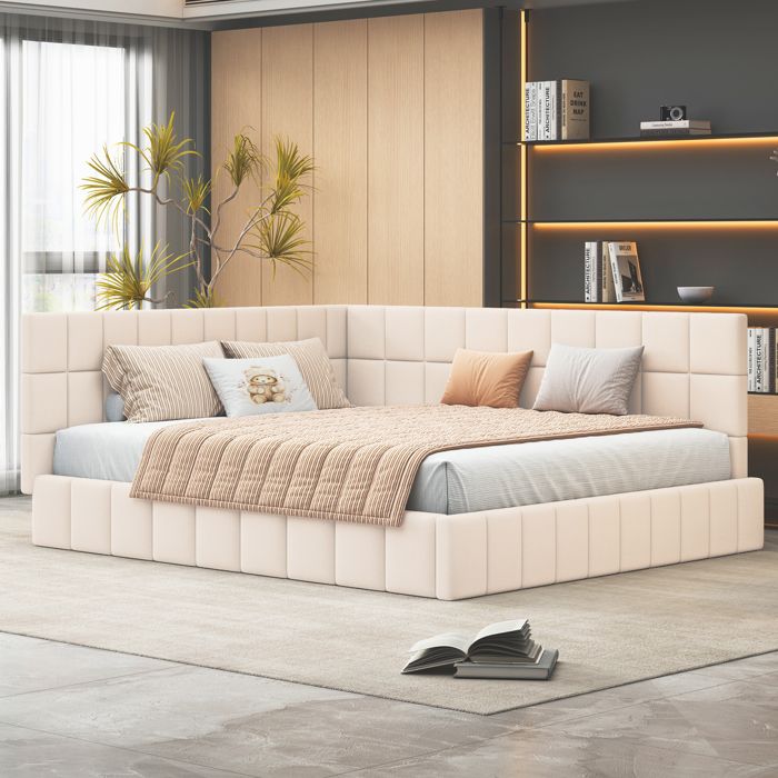 Lit Rembourré 160x200 cm Lit Gigogne avec Sommier a Lattes en Tissu Velours Agréable a La Peau Canapé-Lit Beige