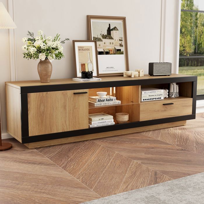 Meuble TV LED commode TV meuble TV bas moderne avec étagères en verre pour salon chambre à coucher console TV avec rangement