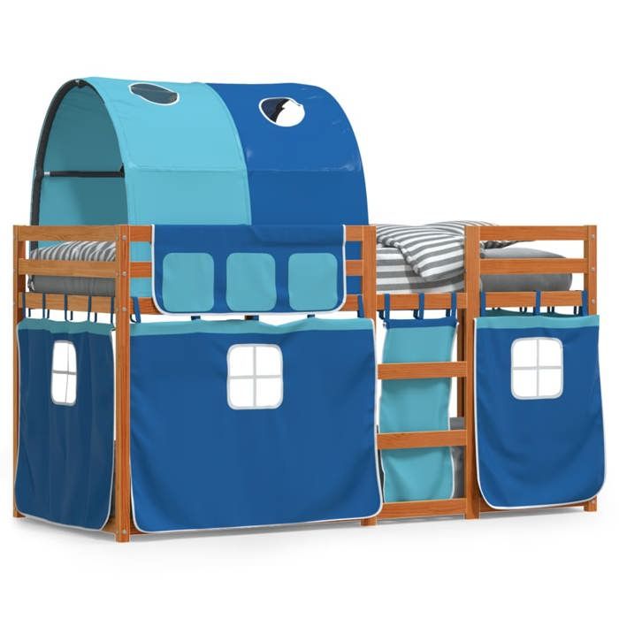 Lit superposé enfant - VIDAXL - 90x190 cm - Bois de pin massif - Cire marron - Rideaux inclus