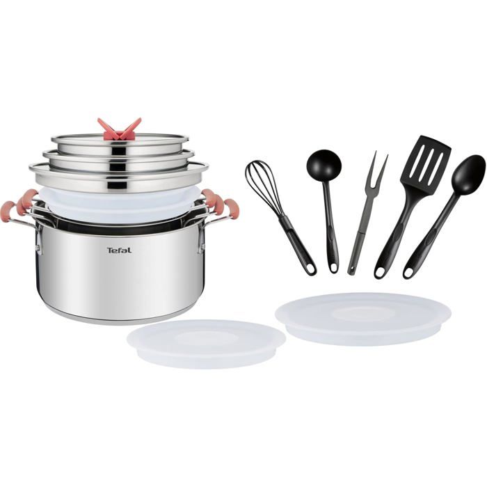 Tefal Batterie de cuisine 13 pieces Faitouts couvercles Ustensiles Induction Acier inoxydable 1810 haute qualite Garantie 10
