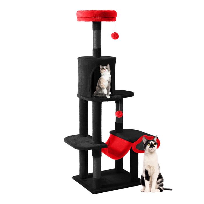Comparer les prix de Balconera Centre Activité Chat - Arbre Grimper Hamac Piliers Grattoirs 2 Boules Cachette Peluche Tour Rouge & Noir