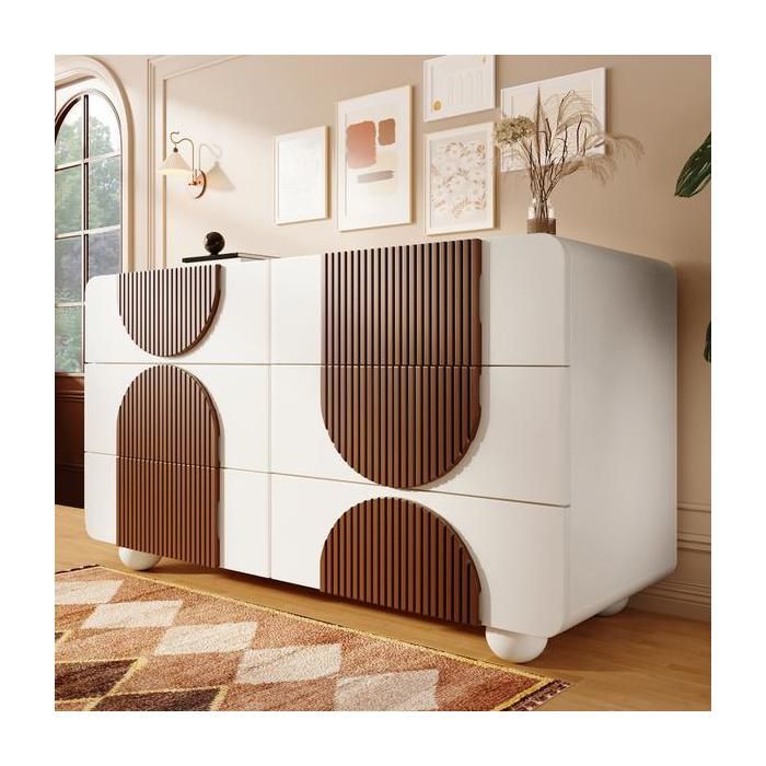 Commode 121x41x71 cm avec 6 tiroirs au design incurvé Buffet bas avec dispositif anti-basculement Buffet salon en blanc