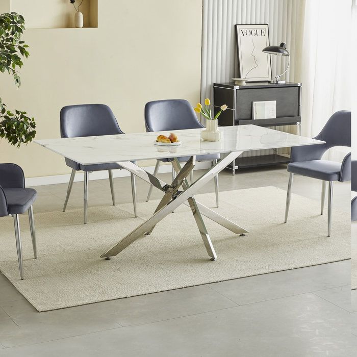Table à manger rectangulaire en verre trempé - Effet marbre blanc et métal chromé – 8 personnes – CHIARA