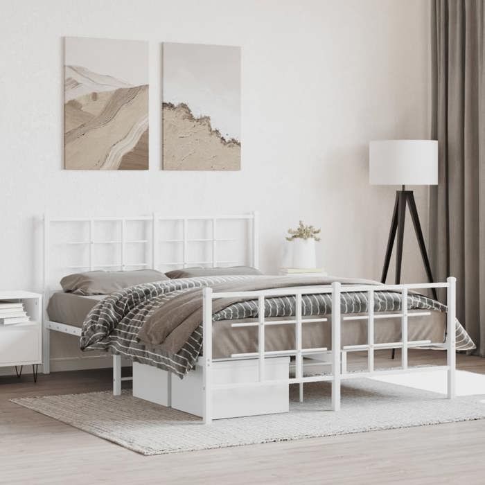 Structure de lit métal - UU - 140x190 cm - Blanc - Acier - Espace de rangement - Tête de lit - Pied de lit
