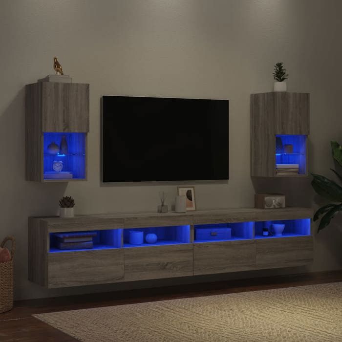 Meuble TV avec lumières LED - WIENS - Sonoma gris - 30.5x30x60 cm - Bois dingénierie - Grand espace de rangement