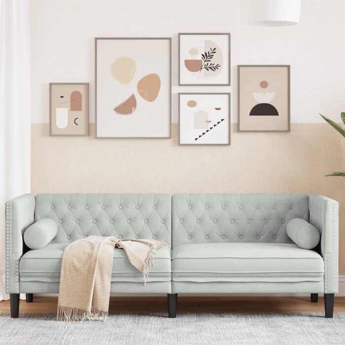 SALE 2026 Fauteuil/Chaise-Sofa Gris - Canapé Chesterfield avec traversins 3 places gris clair velours PRO842557318