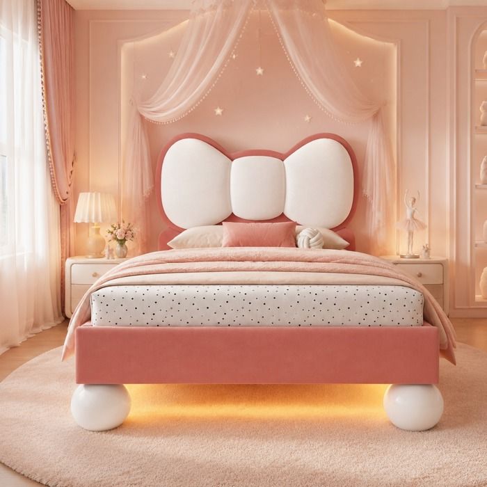 Maisentiel Lit enfant 1 place 90 x 200 cm en velours beige et rose tête de lit nœud papillon LED