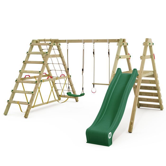 Balançoire double bois WICKEY Smart Shake avec toboggan 220 cm vert et module d’escalade – 10 ans de garantie*