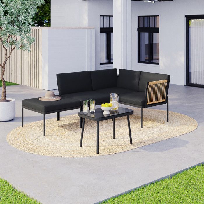 IDMARKET Salon de jardin bas RIO 4 places modulable structure métal noir cordage effet rotin clair avec coussins noirs