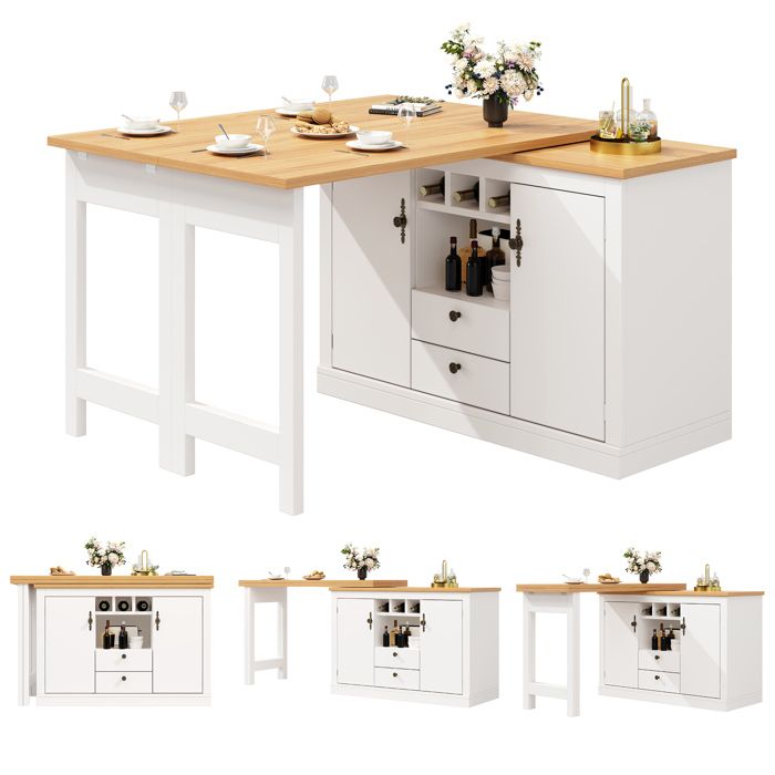 Îlot de Cuisine Extensible MultifonctionTable de bar Rotative 360°Réglable 120-180cmAvec 2 tiroirs & PortesBlanc