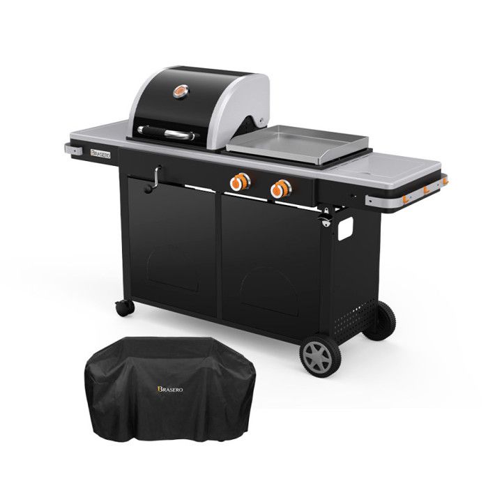 Plancha gaz et barbecue charbon Bi‑Energy L – BRASERO BY FAVEX – 2 x 36 kW – Plaque inox – 10 à 12 convives - Housse incluse
