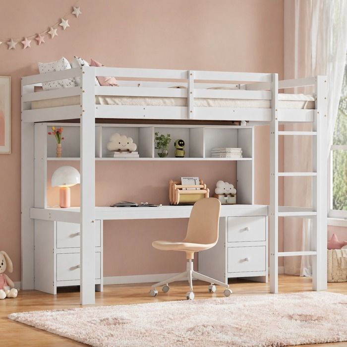 Lit mezzanine enfant 90×200 cm avec bureau intégré rangements échelle et barrière - BEAUNIV - sans matelas pin blanc
