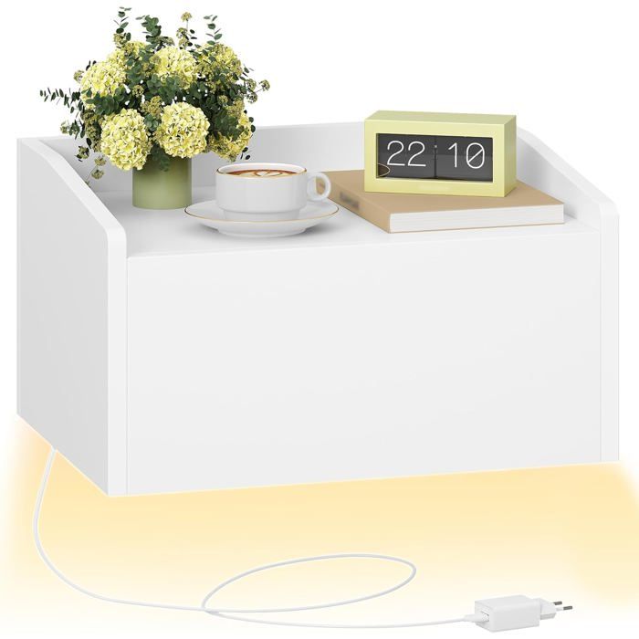 Table de Chevet Suspendue Table de Nuit Murale avec Éclairage LED Étagère Murale Flottante avec 1 Tiroir Blanc