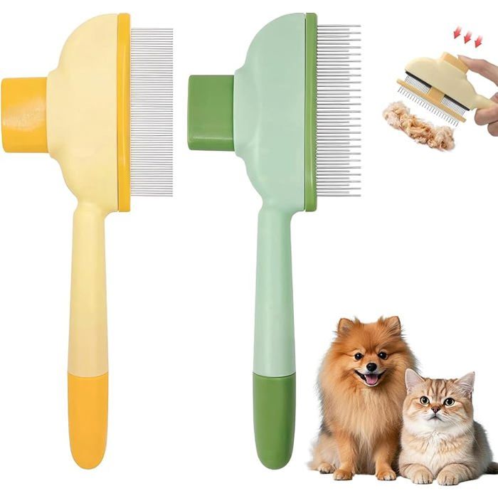 Lot de 2 peignes autonettoyants pour chat Brosse à poils longs et courts Multifonctions Avec bouton de déclenchement Pour