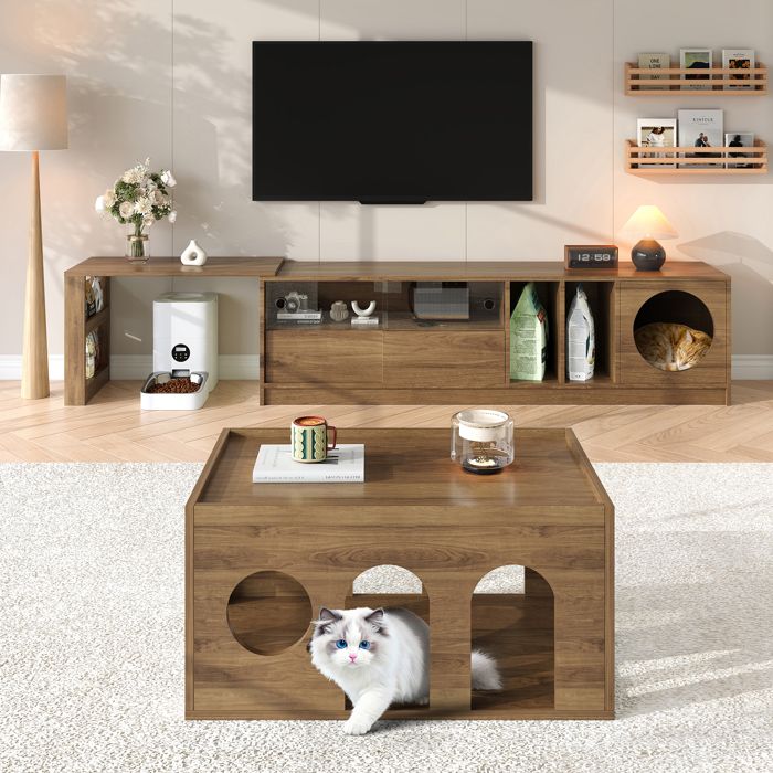 Meuble TV Rotatif Extensible avec Espace pour Chat et Portes en Verre Trempé - BEAUNIV - Noyer MDF Salon