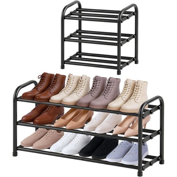 Meuble À Chaussure Entrée Étroit Extensible 3 Niveaux Rangement Porte Étagère À Chaussure En Métal Noir 6 À 12 Paires Pour Entrée