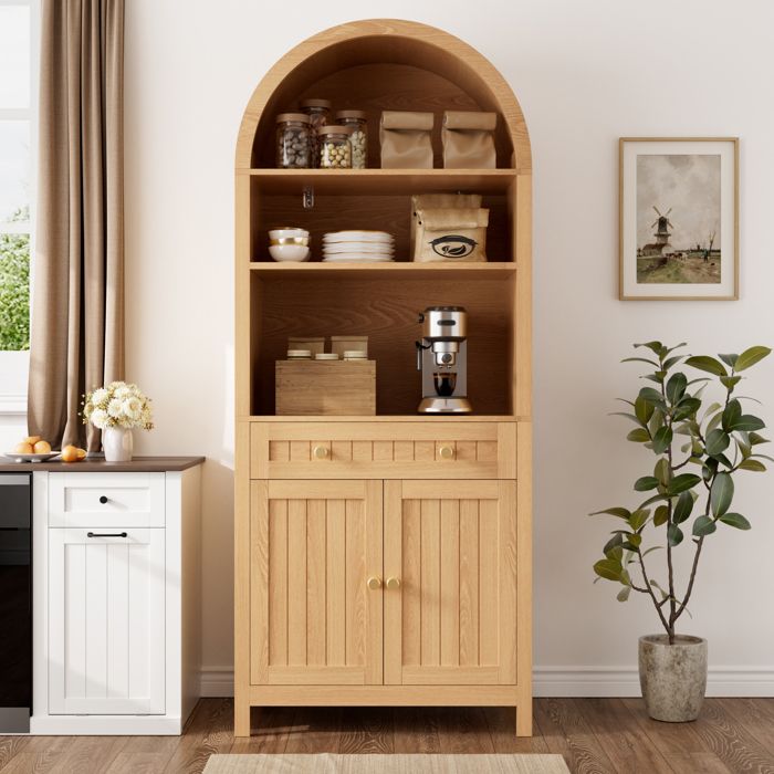 Armoire Haute Buffet Cintrée avec Range-Épices Tiroir et Étagères Ouvertes naturel 76x40x180cm Meuble de Rangement Cuisine et Salon