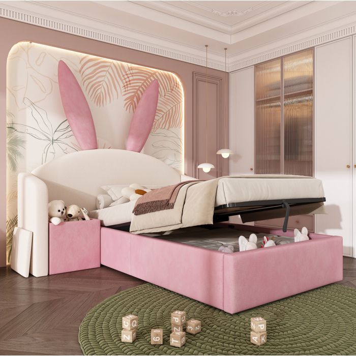 Lit enfant 90 x 190 cm en velours beige et rose avec tête de lit oreilles de lapin coffre et chevet