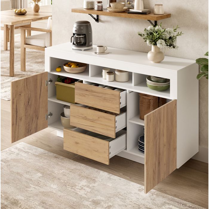 Buffet bas 140 x 40 x 85 cm blanc et aspect bois meuble de rangement avec 3 tiroirs 2 portes et 3 niches