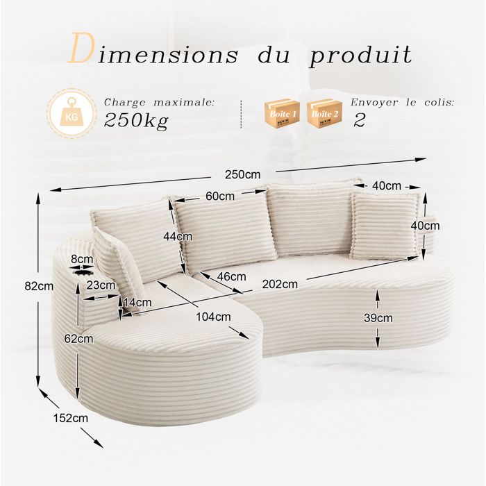Canapé 3 places incurvé beige en tissu côtelé compressé porte-gobelets poche latérale et coussins inclus