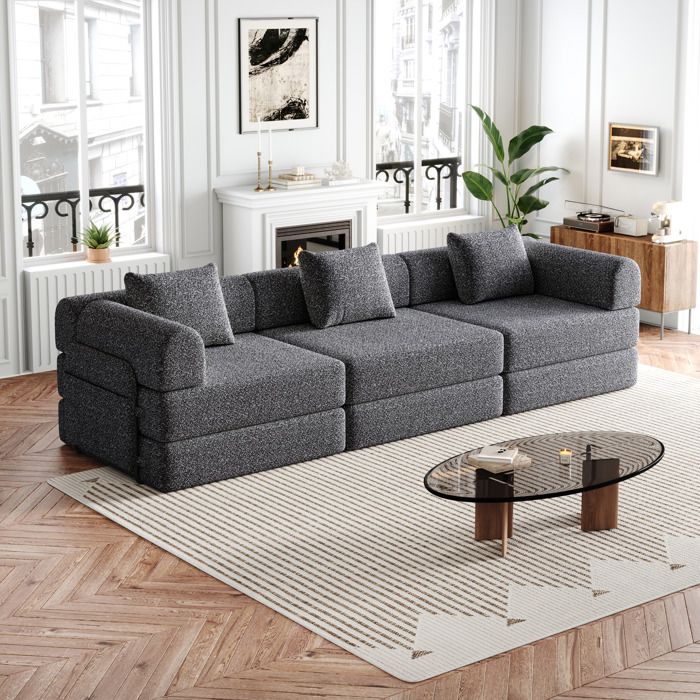 ROVRYN Canapé convertible 2 en 1 modulable 6 places en chenille grise avec rangement accoudoir