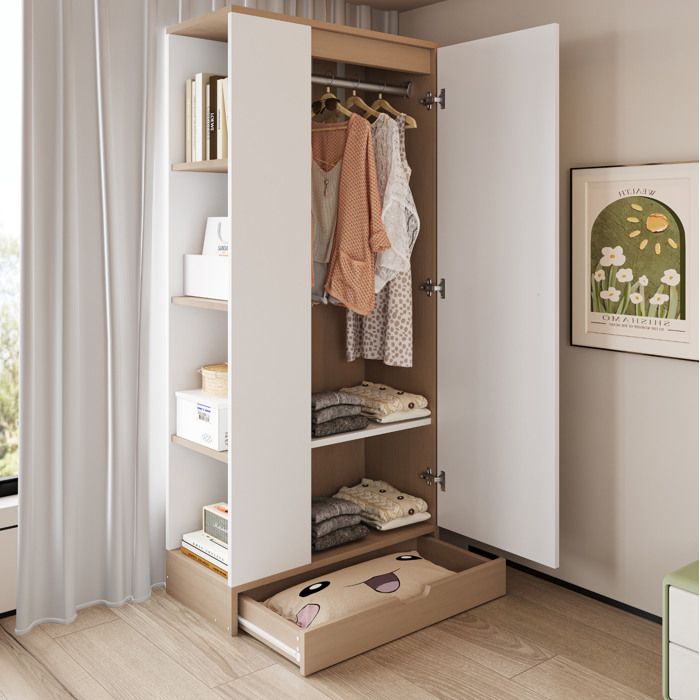 COVREO Armoire 1 porte 70 x 40 x 170 cm avec étagères ouvertes penderie et 1 tiroir blanc et bois naturel