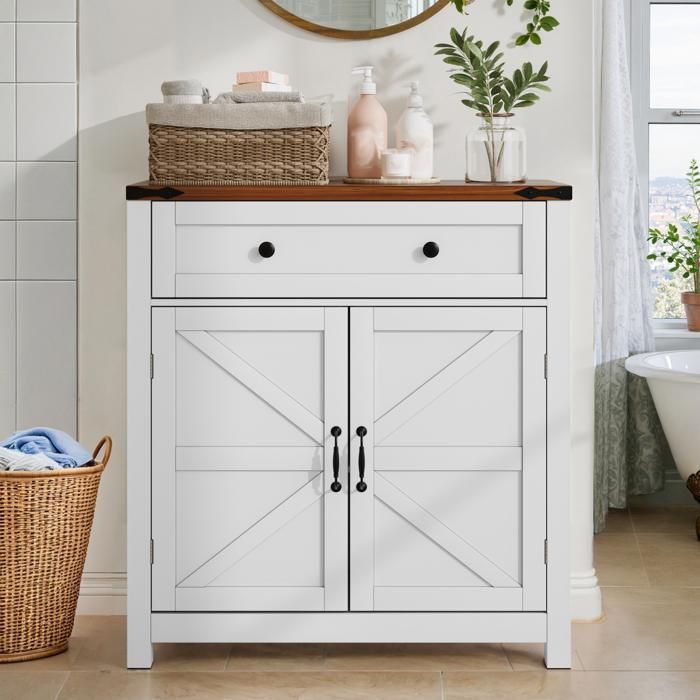 Buffet de salon - Buffet bas - Style rustique - 2 portes et 1 tiroir - Étagères réglables - Meuble de rangement - Blanc