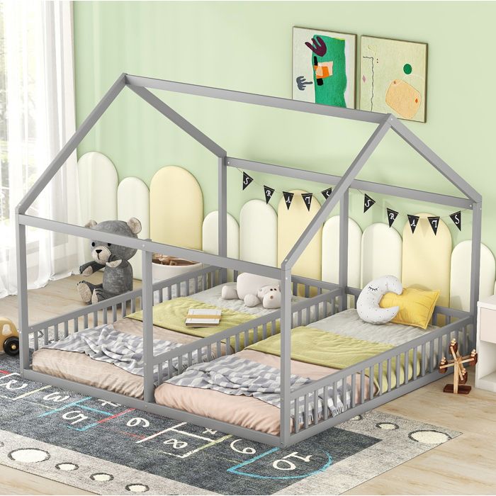 COVREO lit cabane enfant 2 couchages 90 x 200 cm cote a cote avec barrieres pin et MDF gris