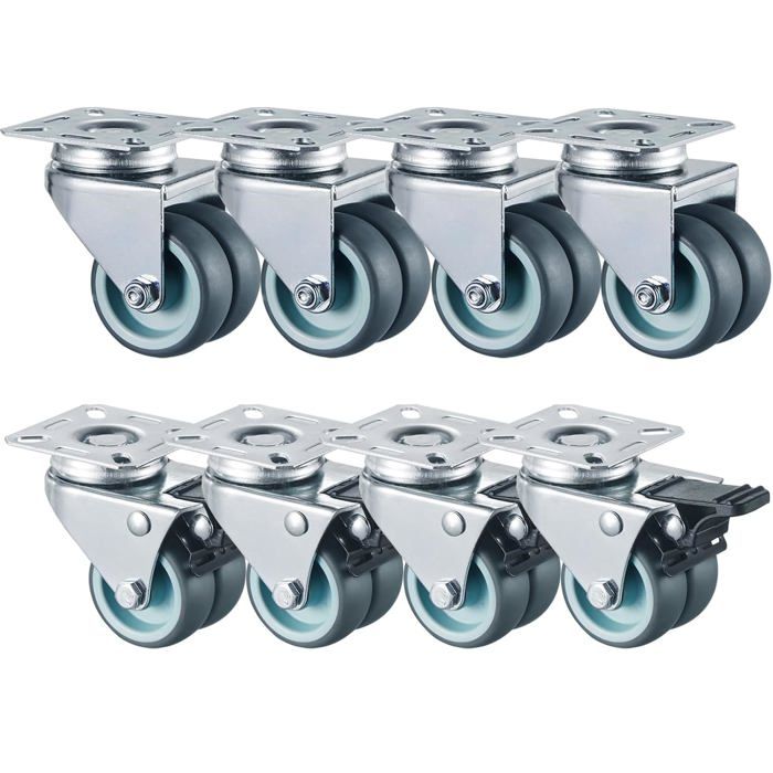 Set De 8 Roulettes Pivotantes Pour Meubles À Double Roue 50 Mm 4 Avec Frein Pour Charges Lourdes Capacité Totale De 800 Kg Silenci