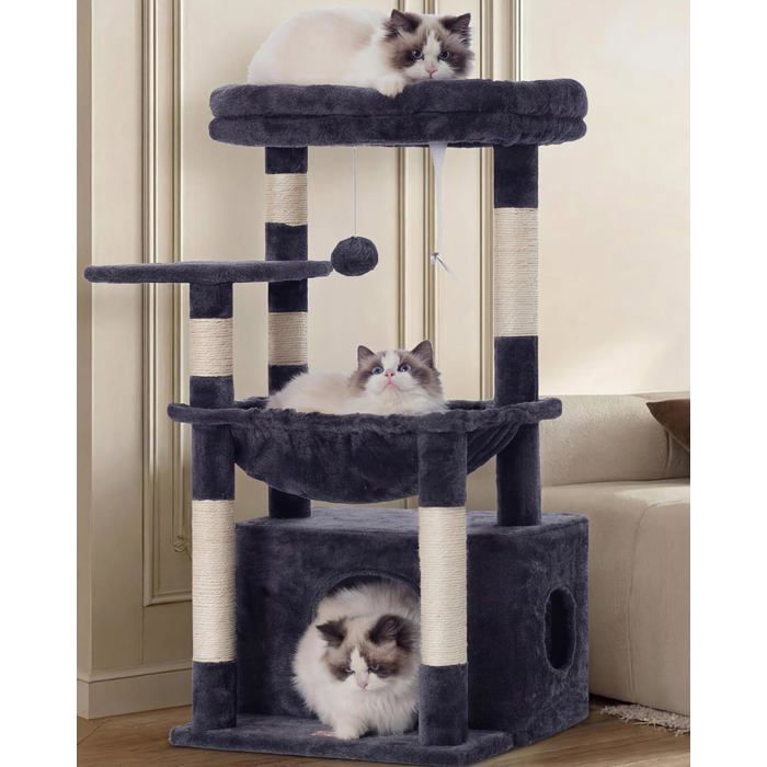 Arbre à Chat Grand Bois Panier Couchette Cachée Griffoir Sisal Balle Peluche Tour Multi-Niveaux 127 cm Gris Foncé