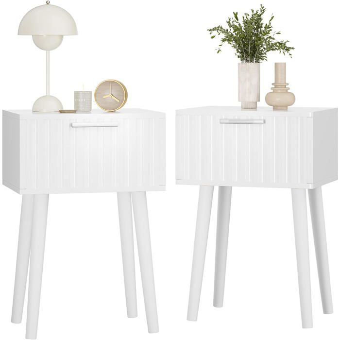 Tables de chevet lot de 2 - panneau rainuré et tiroir magnétique - chaîne de fixation - 35 x 27 x 53 cm - bois blanc