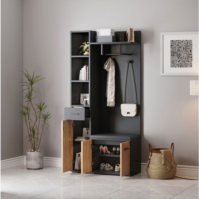 Meuble dentrée 2 portes 1 tiroir 5 niches ouvertes et banc dassise - BEAUNIV - pour entrée 80×35×175 cm