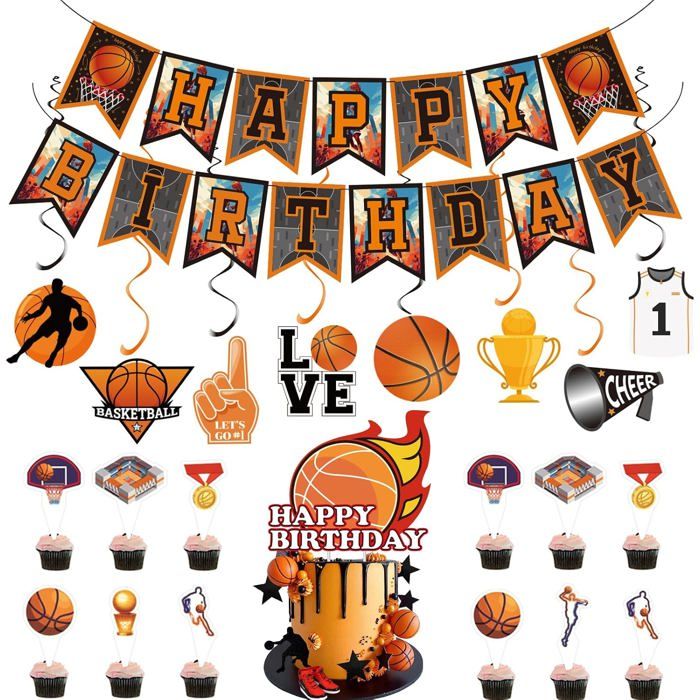 20 Pièces Basket-Ball Banderole Joyeux Anniversaire Decoration Anniversaire Kit Happy Birthday Decoration Suspendus Tourbillons