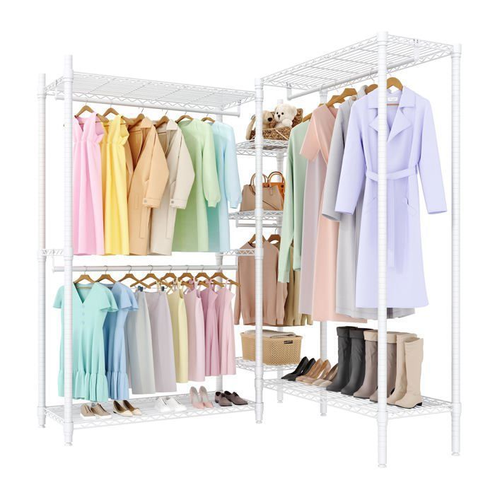 Portant à vêtements en métal robuste en L – 4 tringles & 7 étagères réglables – Coin de chambre grand capacité – (2x3x2 étages)