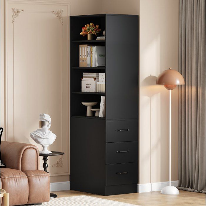 Bibliothèque étroite 180 cm 60 x 38 x 180 cm avec 3 tiroirs 4 étagères panneaux de particules noir JOINERY