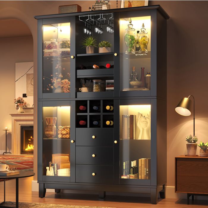 Buffet haut 3 tiroirs étagères réglables porte-verres et porte-bouteilles LED RGB - MODENVIE - salon 120×40×180 5 cm