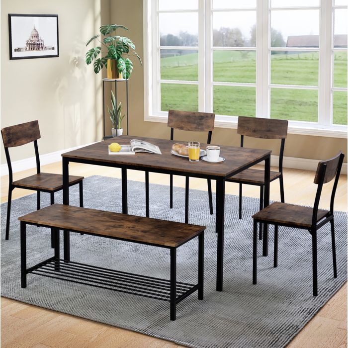 Table repas industrielle marron et noire avec 4 chaises banc et structure métal pour cuisine et salle à manger FOLYNA