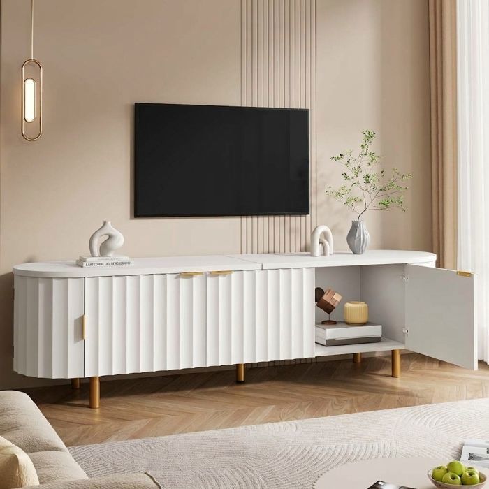 Norevia Meuble TV Blanc 170 cm en MDF Banc TV avec 5 Portes et Bords Arrondis