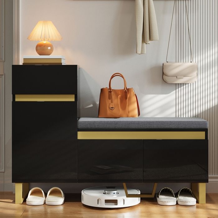 Meuble à Chaussures avec Banc Rembourré 3 Portes 1 Tiroir Rangement Ouvert en MDF pour Entrée 120x35x85cm Noir