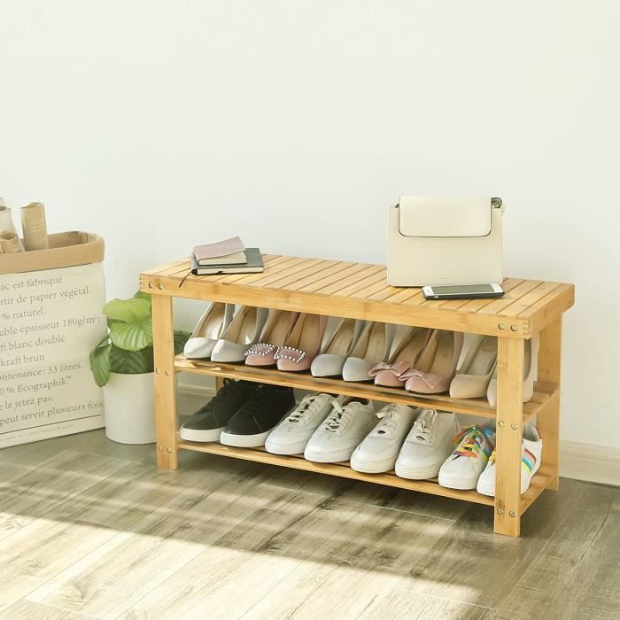 Banc à Chaussures En Bambou 3 Niveaux - Étagère Et Siège Pour Entrée (120 Kg) - 3
